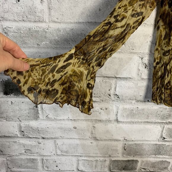 Vintage Y2K Sheer Leopard Print Flare Sleeve Ruffle V-Neck Blouse - Picture 4 of 12